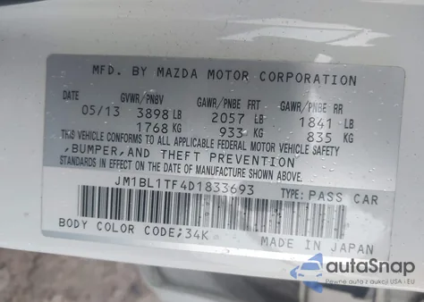 2013 Mazda Mazda3 I Sv z USA, uszkodzony, nr VIN JM1BL1TF4D1833693